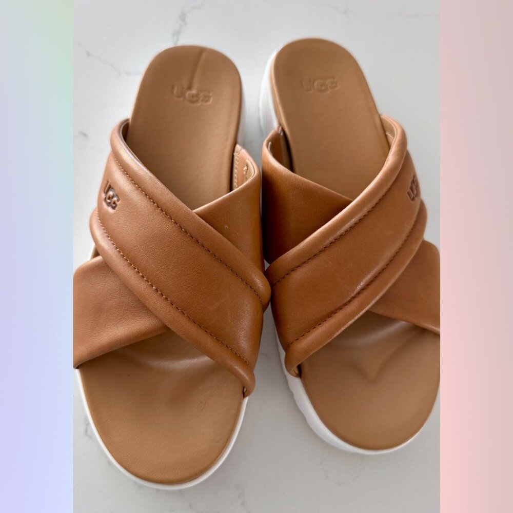 UGG Platform Sandals – Tan & White, Size 8